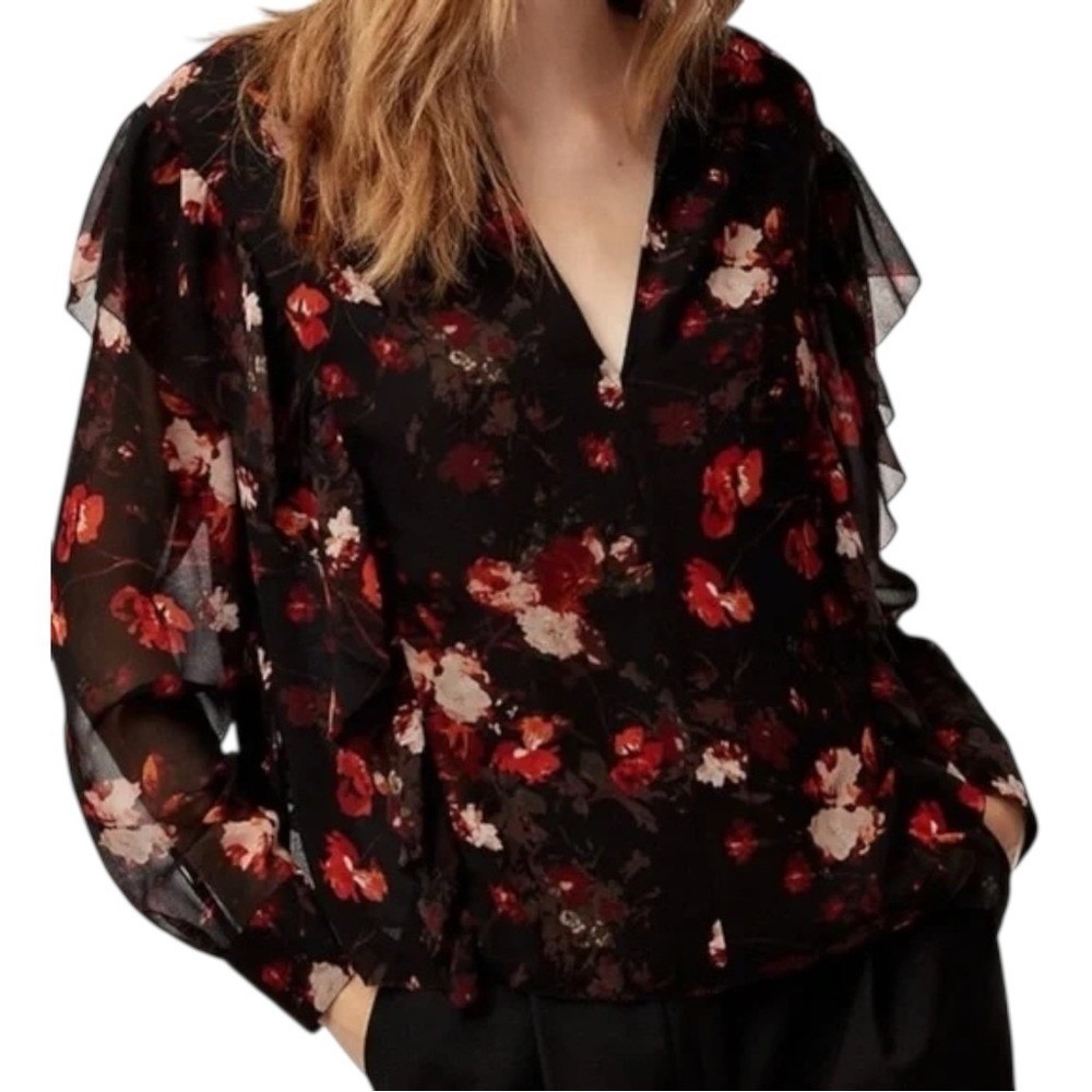 Aritzia Wilfred Lilas Black Floral Chiffon Top Oversized V-Neck Flowy Blouse XXS